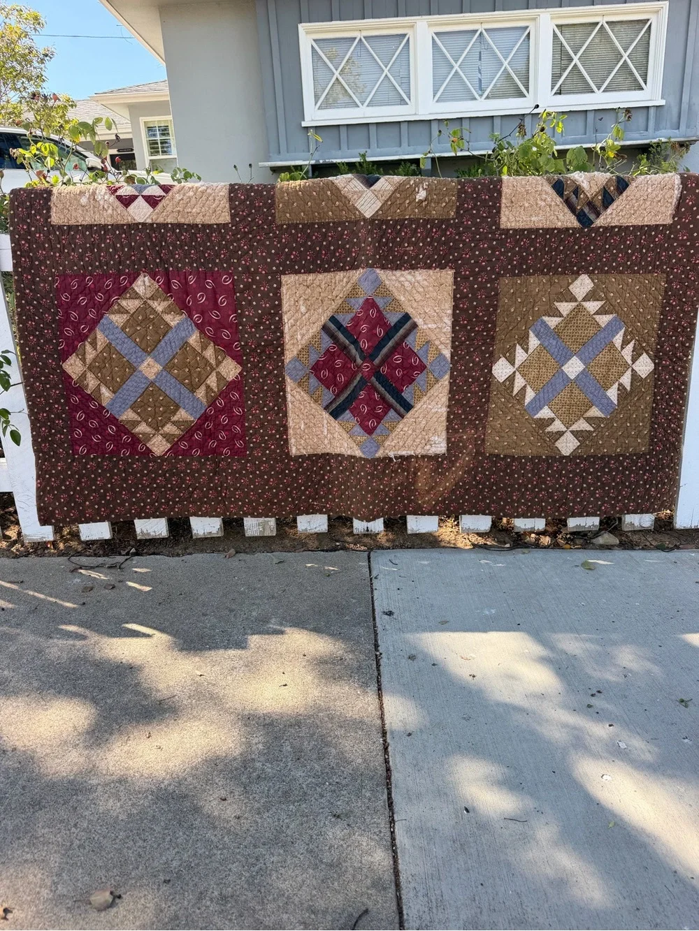 Vintage 4 Patch in Square Hand Sewn Quilt Brown Florals Earth Tones 70x76 CUTTER
